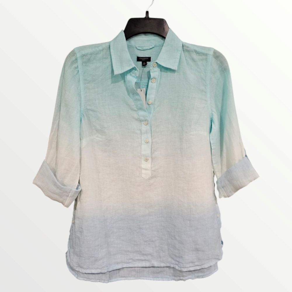 Nwt TALBOTS 100% Linen Blue White Ombre Long Sleeve Button Down Shirt P